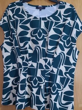Rachel Rachel Roy Teal and White Graphic Cap-Sleeve Top